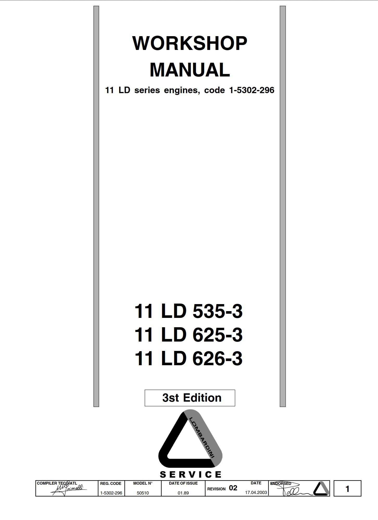 Lombardini 11 LD Series 11 LD 535 3 11 LD 625 3 11 LD 626 3 Workshop