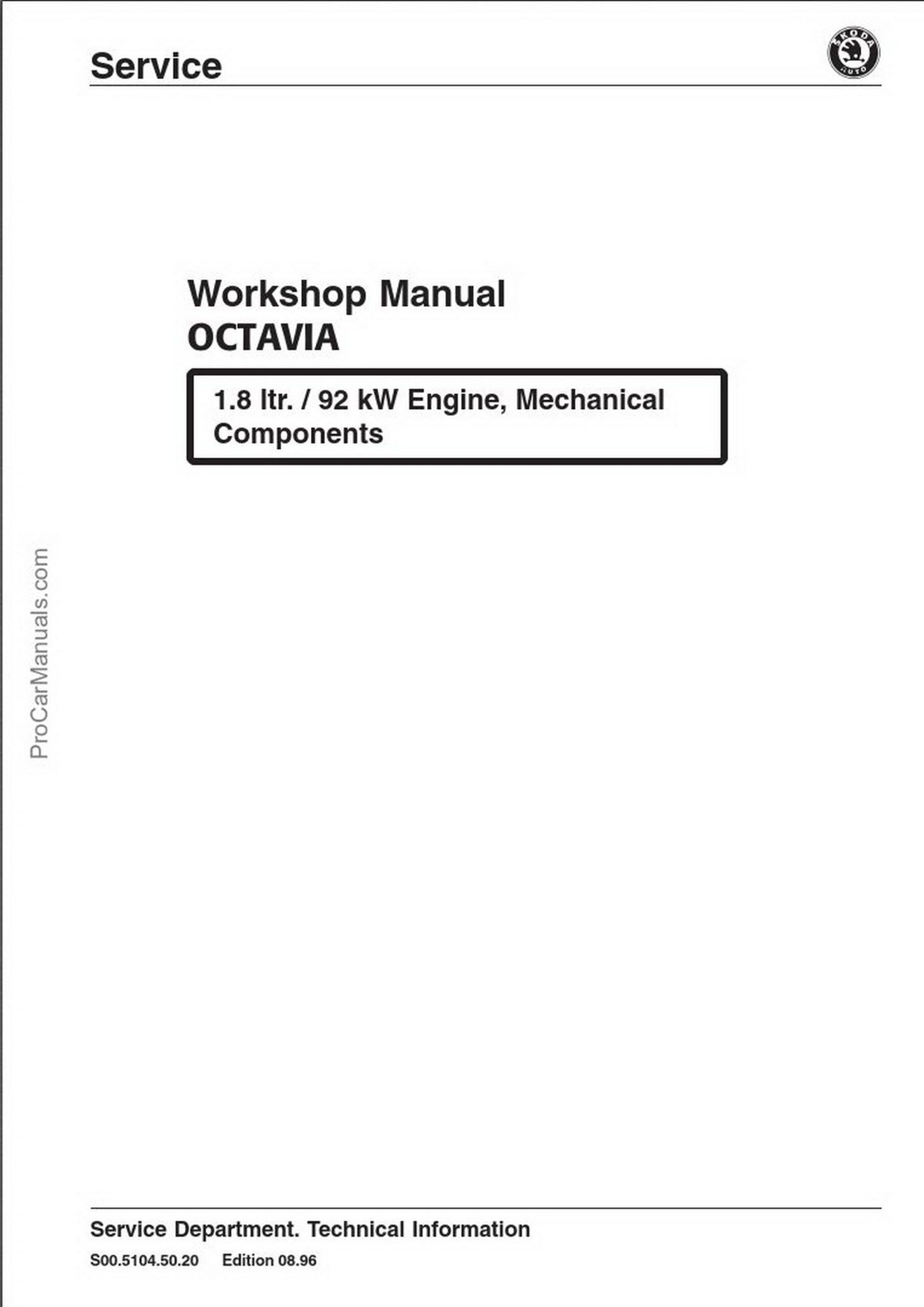 Skoda Octavia Workshop Manual (S00.5104.50.20) 1.8 ltr. 92 kW Engine, Mechanical Components