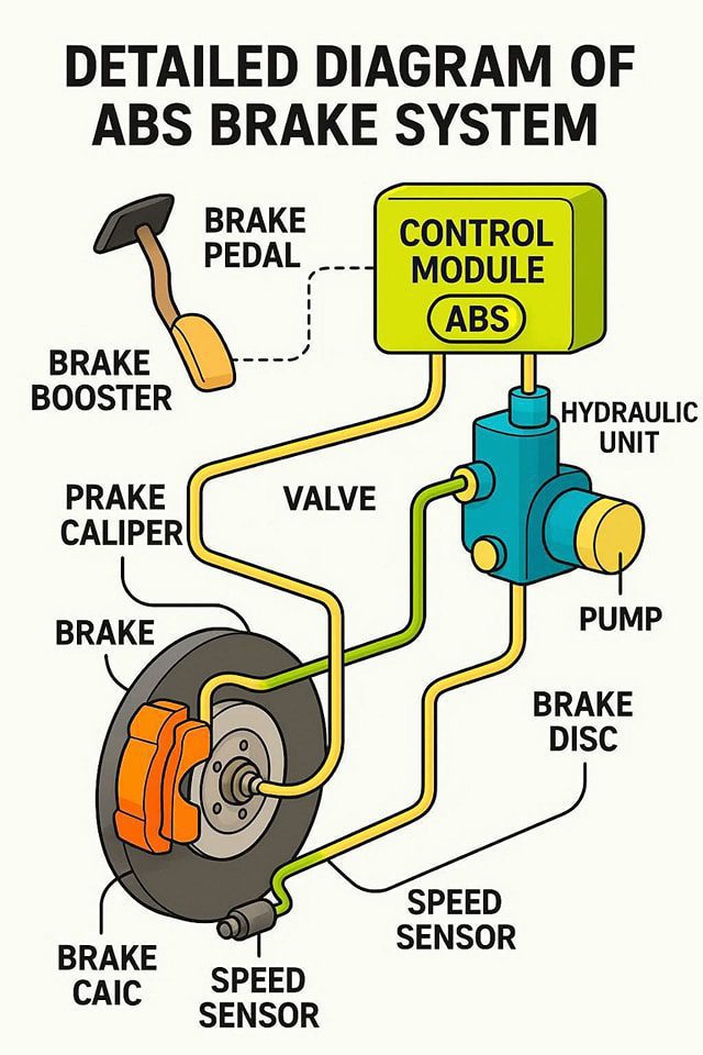 abs system diagram (sensors, module, hydraulic pump)