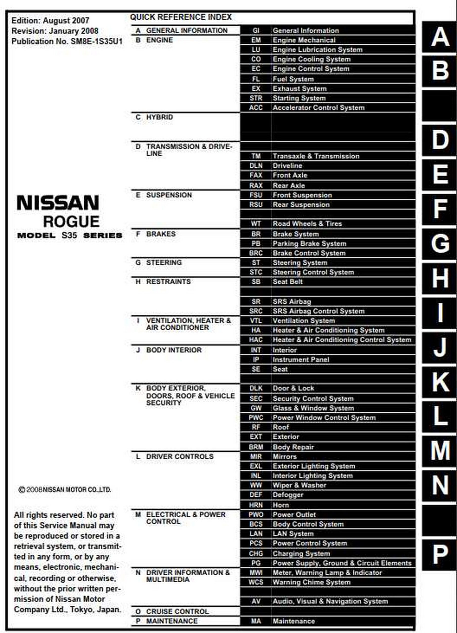 NISSAN ROGUE MODEL S35 SERIES 2008 SERVICE MANUAL