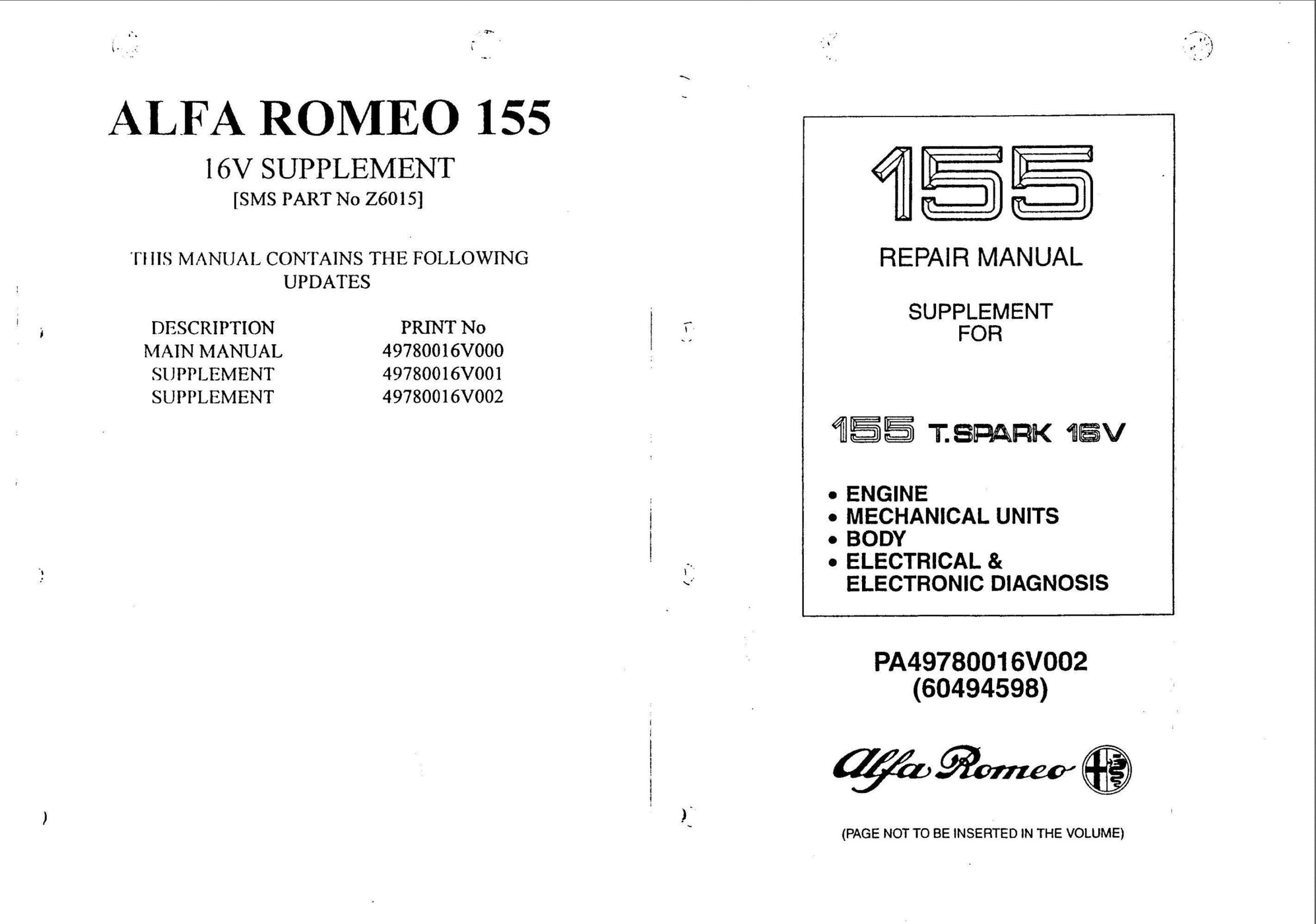 alfa romeo 155 1994 supplement tspark 16v workshop manual