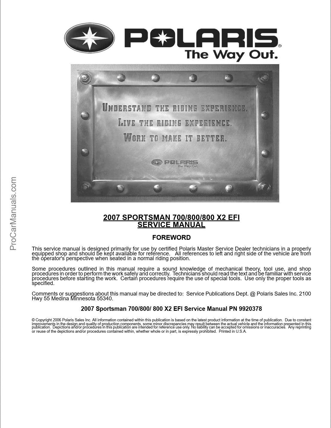 polaris sportsman 700 800 800 x2 efi service manual (pn 9920378)