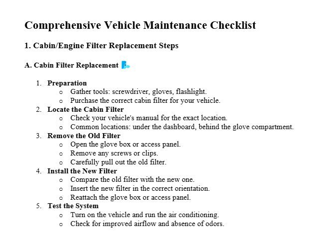 cabin and engine air filters checklist