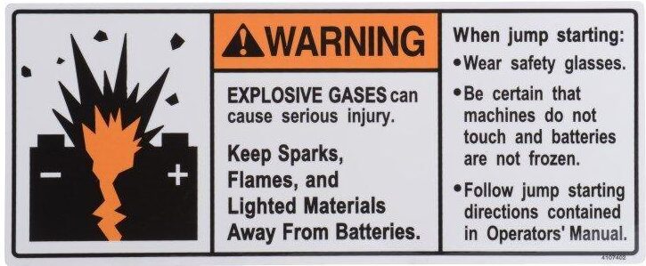 jump start warning sign with icons fire explosion