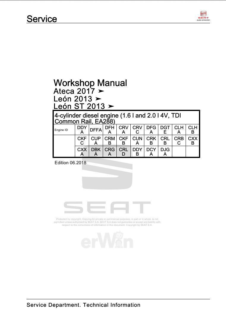 Seat 4-cylinder diesel engine 1.6L and 2.0L 4V, TDI Common Rail EA288