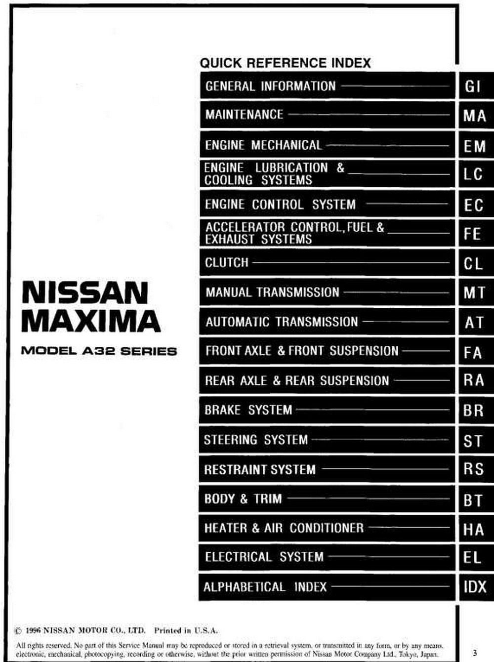 NISSAN MAXIMA MODEL A32 SERIES 1997 SERVICE MANUAL