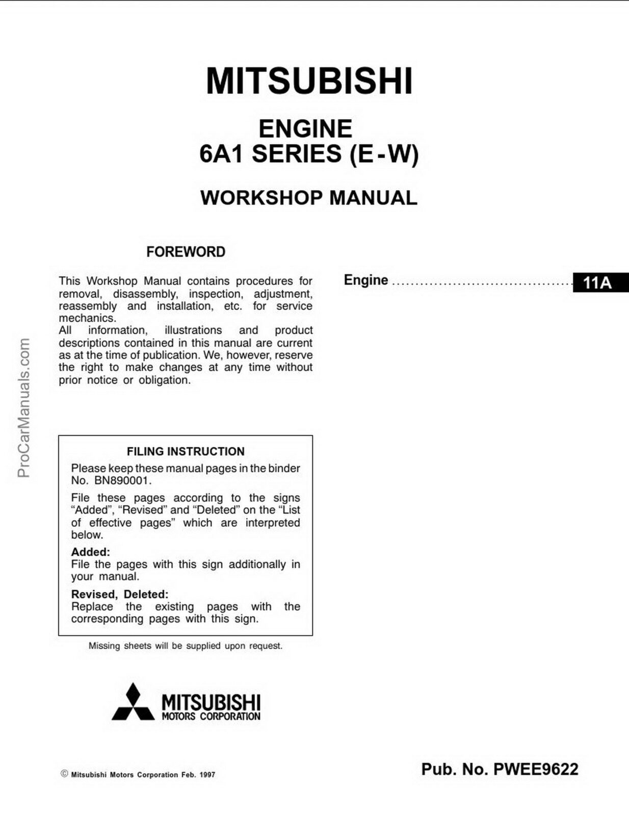 Mitsubishi 6A1 Series E-W Engine Repair Manual – PDF Download
