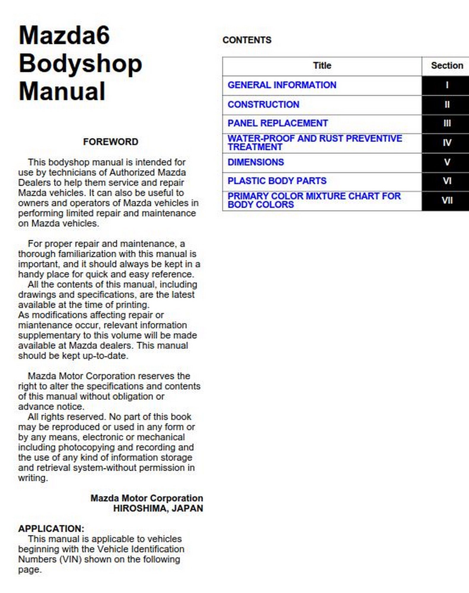 Mazda6 2002 Bodyshop Manual