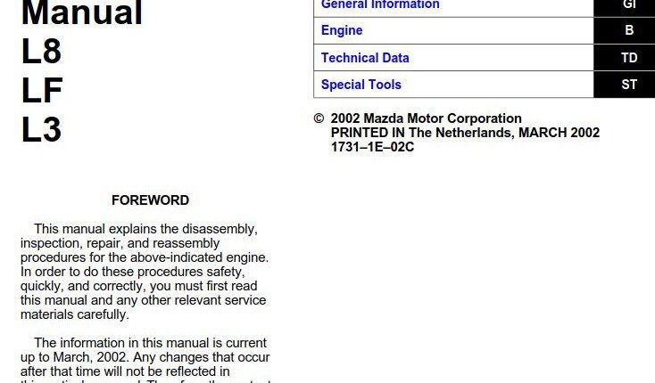 Mazda6 2002 Engine L8 LF L3 Workshop Manual