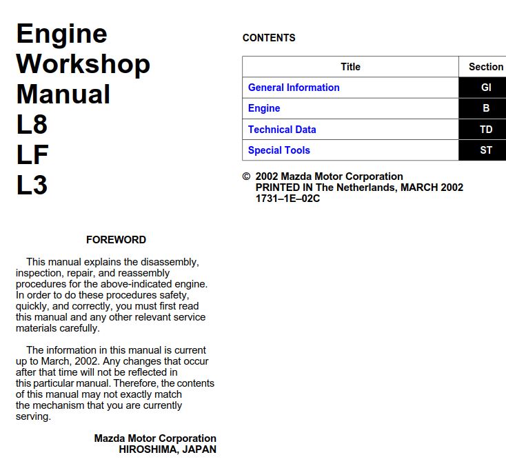 Mazda6 2002 Engine L8 LF L3 Workshop Manual