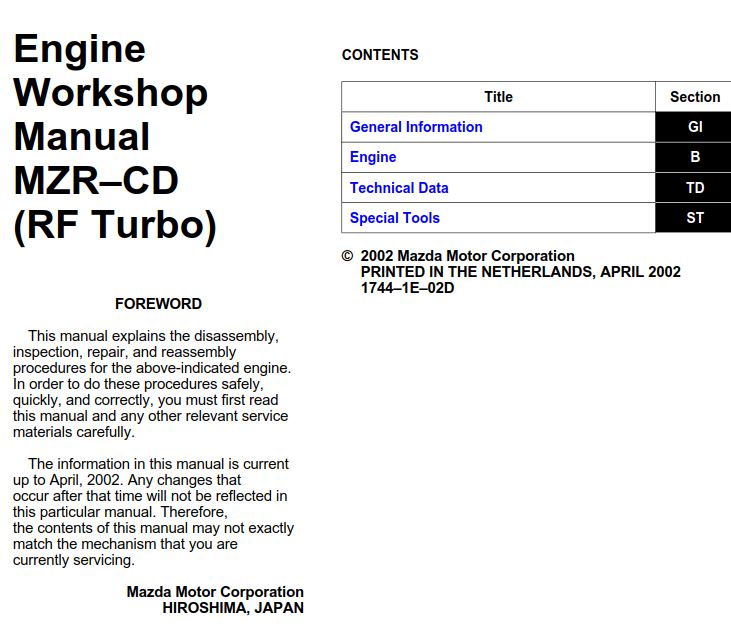 Mazda6 2002 Engine MZR–CD (RF Turbo) Workshop Manual