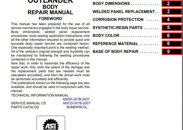 MITSUBISHI OUTLANDER 2007 BODY REPAIR MANUAL (MSSP-407B-2007)