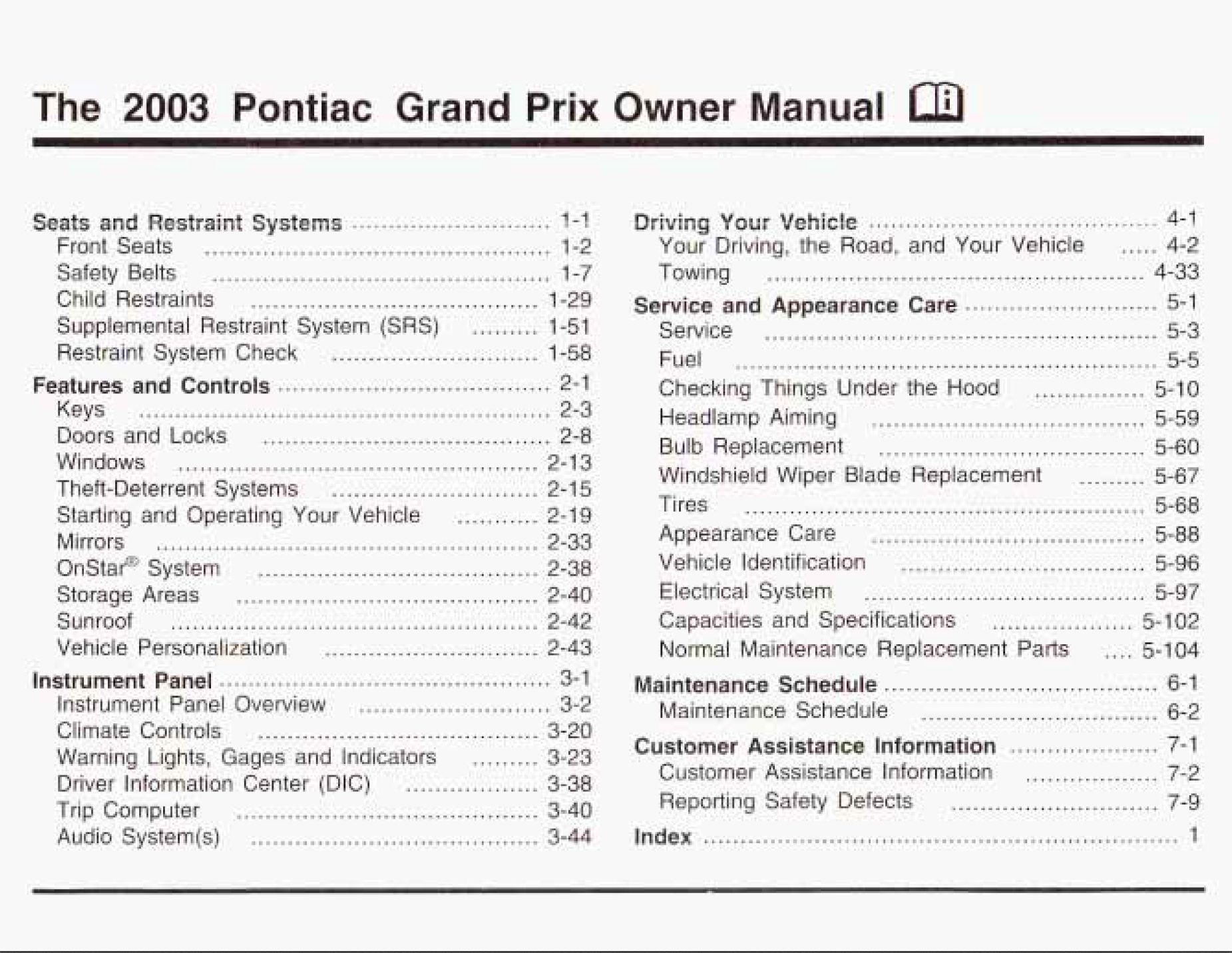 2003 Pontiac Grand Prix Owner's Manual DIY & Guides