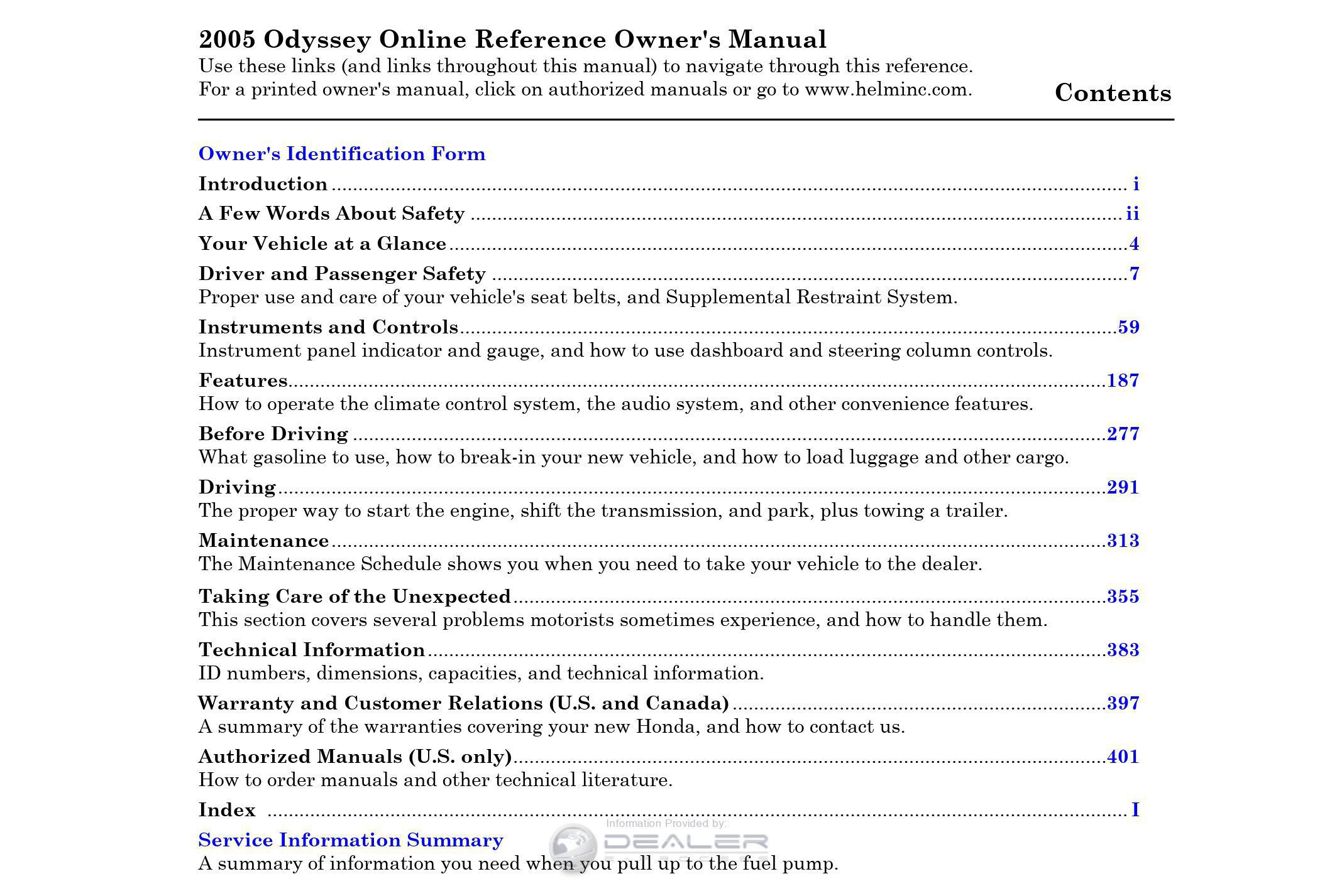 2005 HONDA ODYSSEY OWNERS MANUAL PDF visual data 3