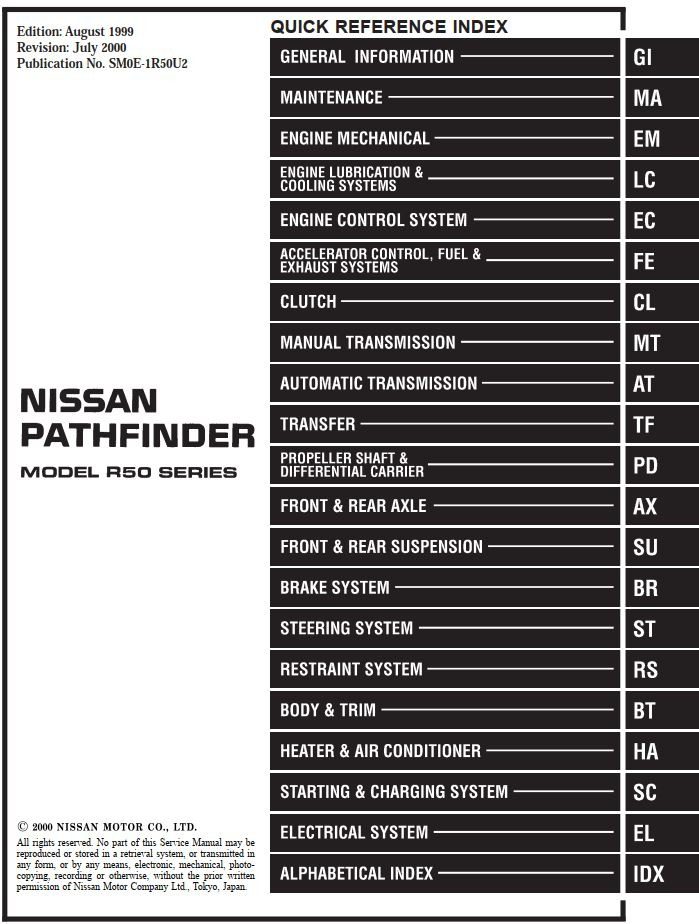 NISSAN PATHFINDER MODEL R50 SERIES 2000 SERVICE MANUAL