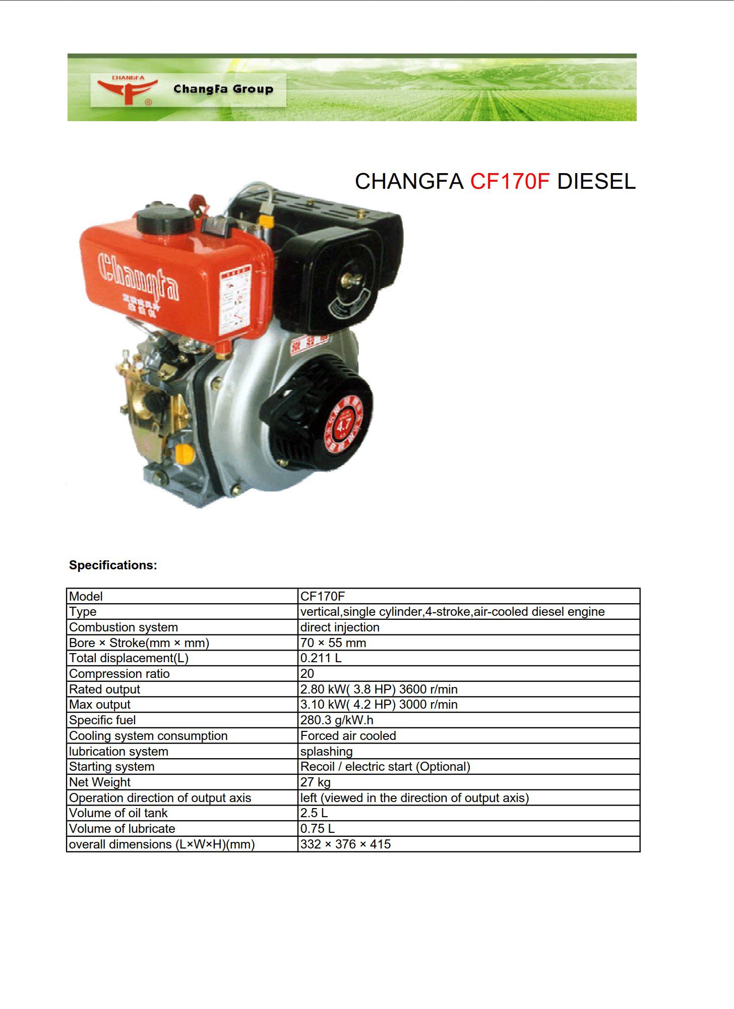 changfa cf170f diesel engine technical specification
