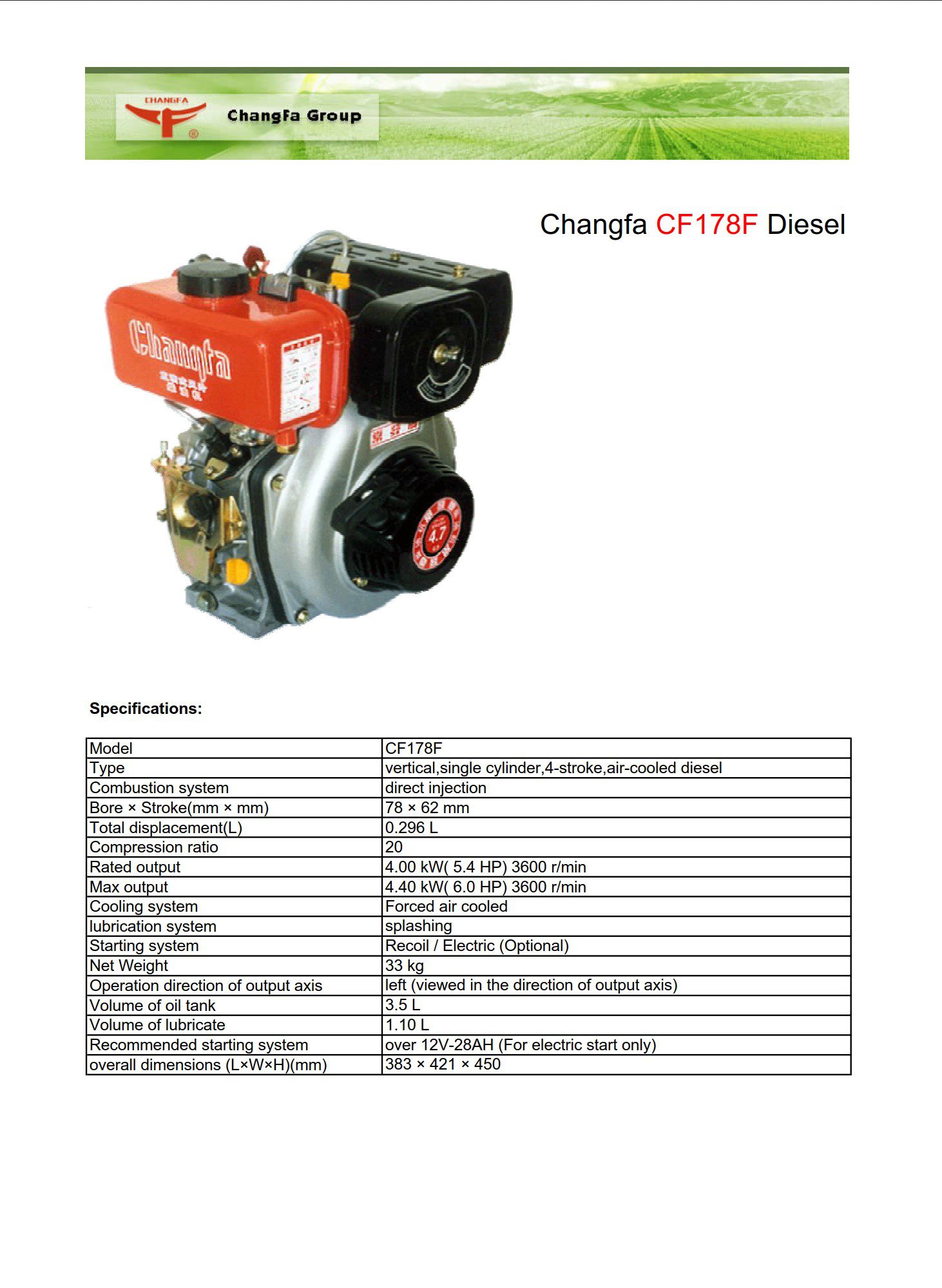 changfa cf178f diesel engine technical specification