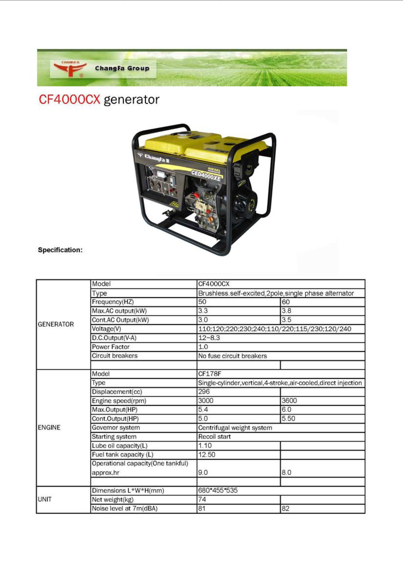 changfa cf4000cx generator technical specification