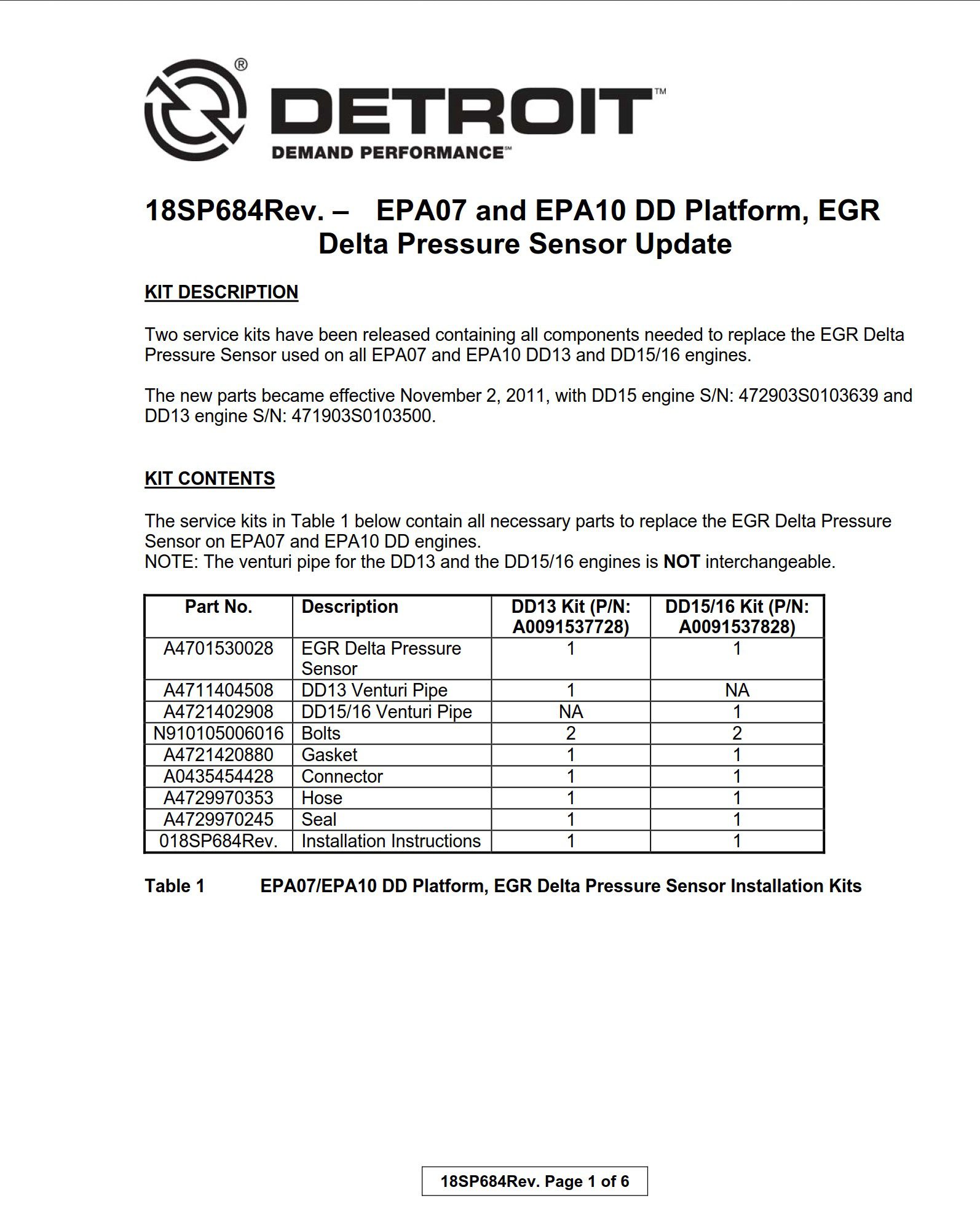 detroit diesel dd15 – epa07 and epa10 dd platform, egr delta pressure sensor update