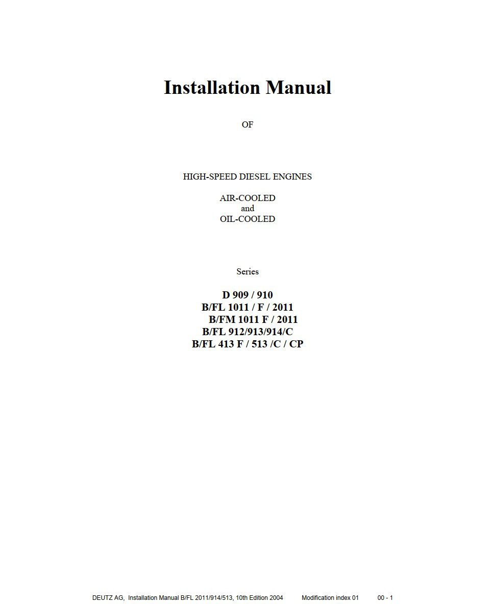 deutz d 909 910, b fl 1011 f 2011, b fl 912 913 914 c, b fl 413 f 513 c cp, b fm 1011 f 2011 installation manual