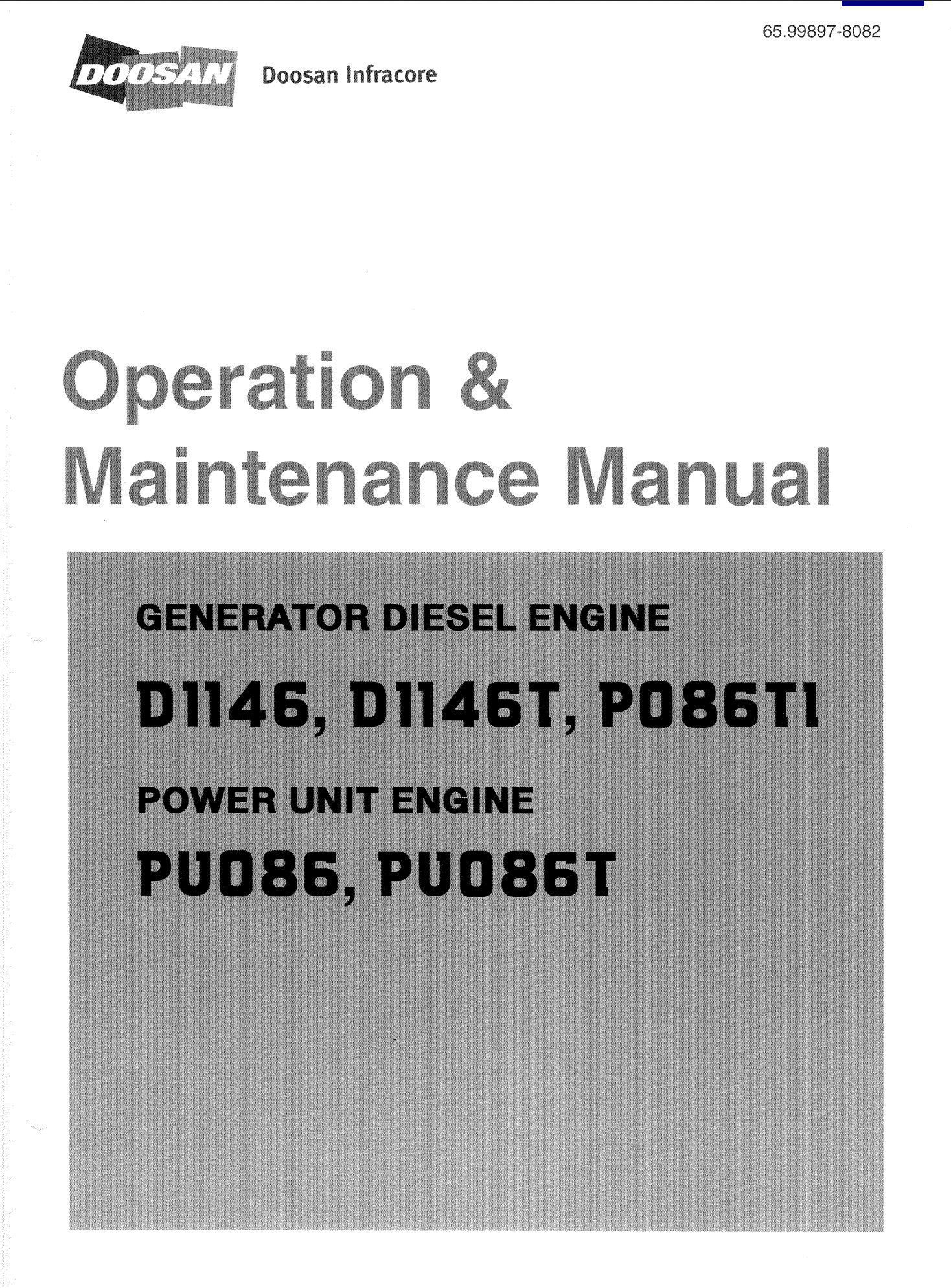 doosan generator diesel engine d1146, d1146t, po86tl operation maintenance manual