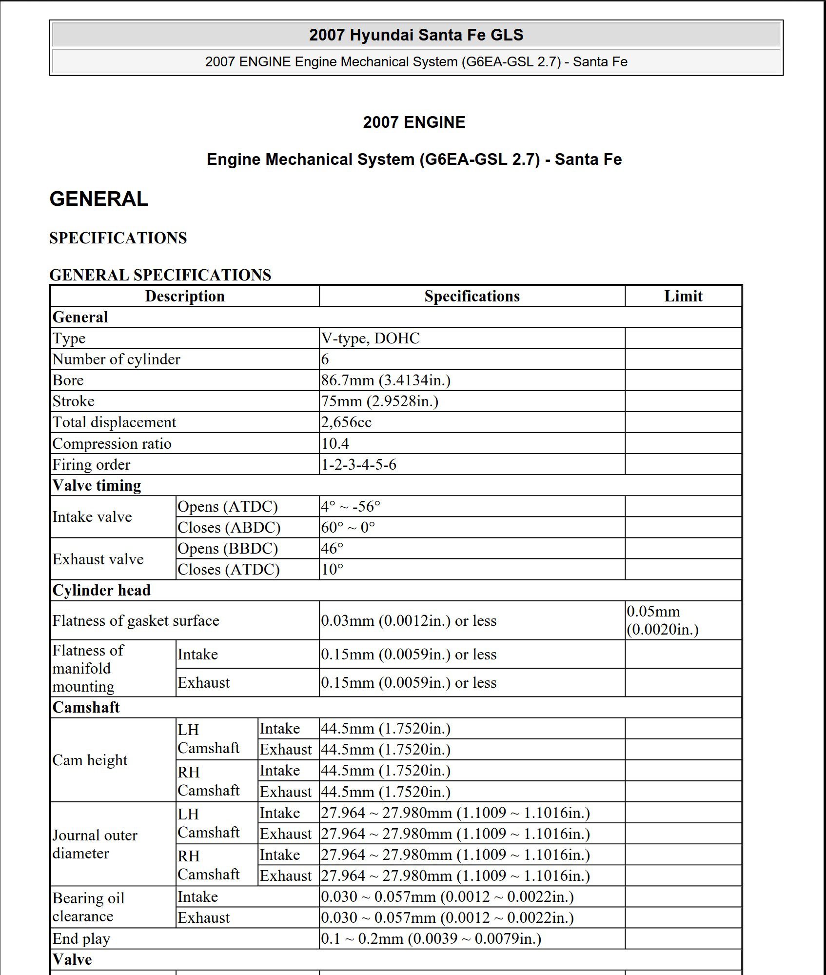 hyundai santa fe gls 2007 engine g6ea 2.7 service manual