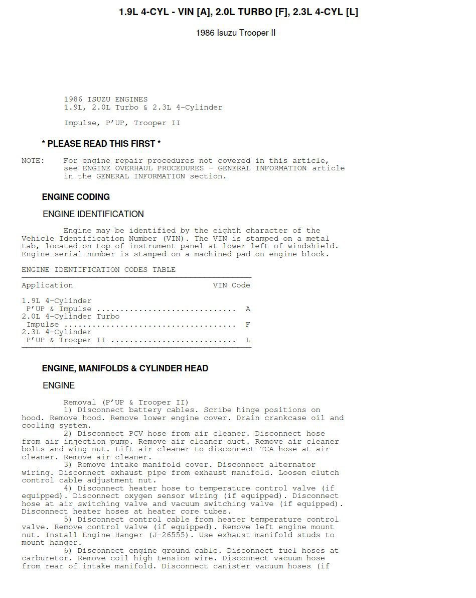 isuzu trooper ii 1986 engine workshop manual