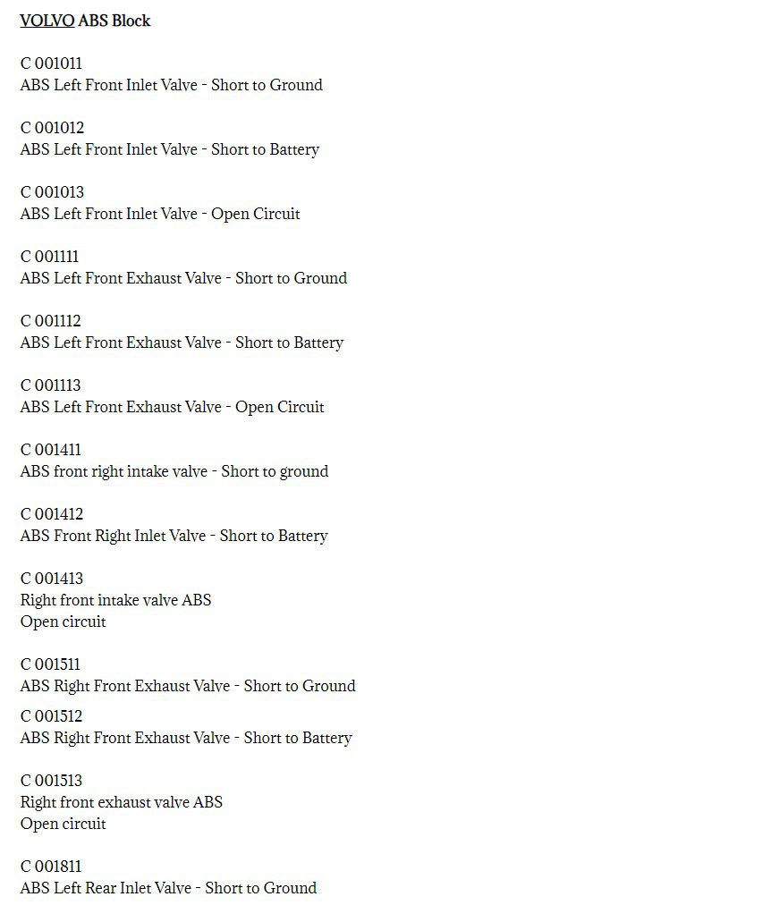 abs volvo truck fault codes dtc