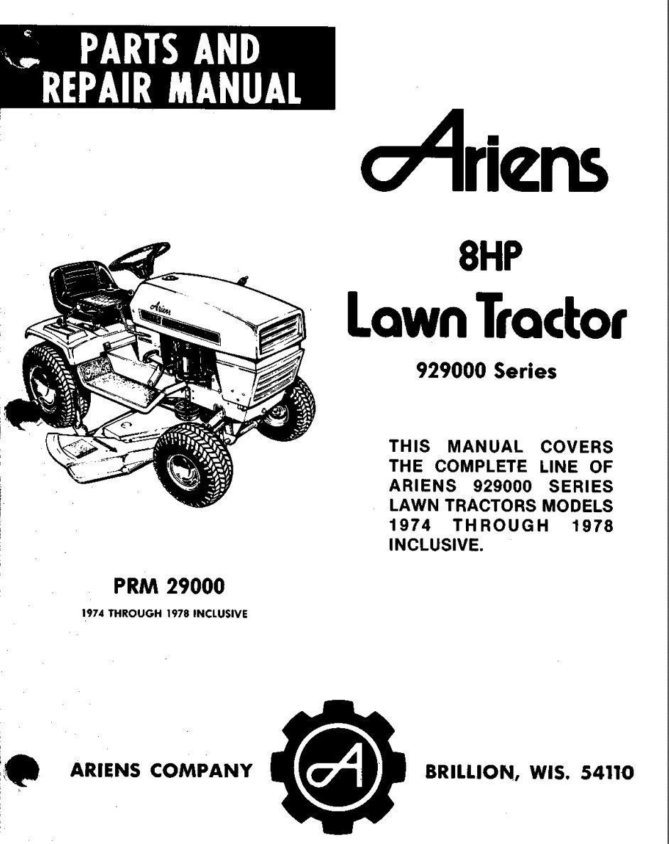 ariens 929000 series 8 hp lawn tractor parts and repair manual