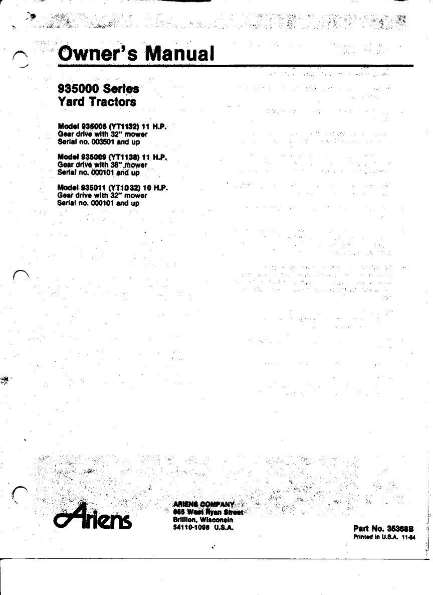 ariens 935000 yard tractor owners manual 1984