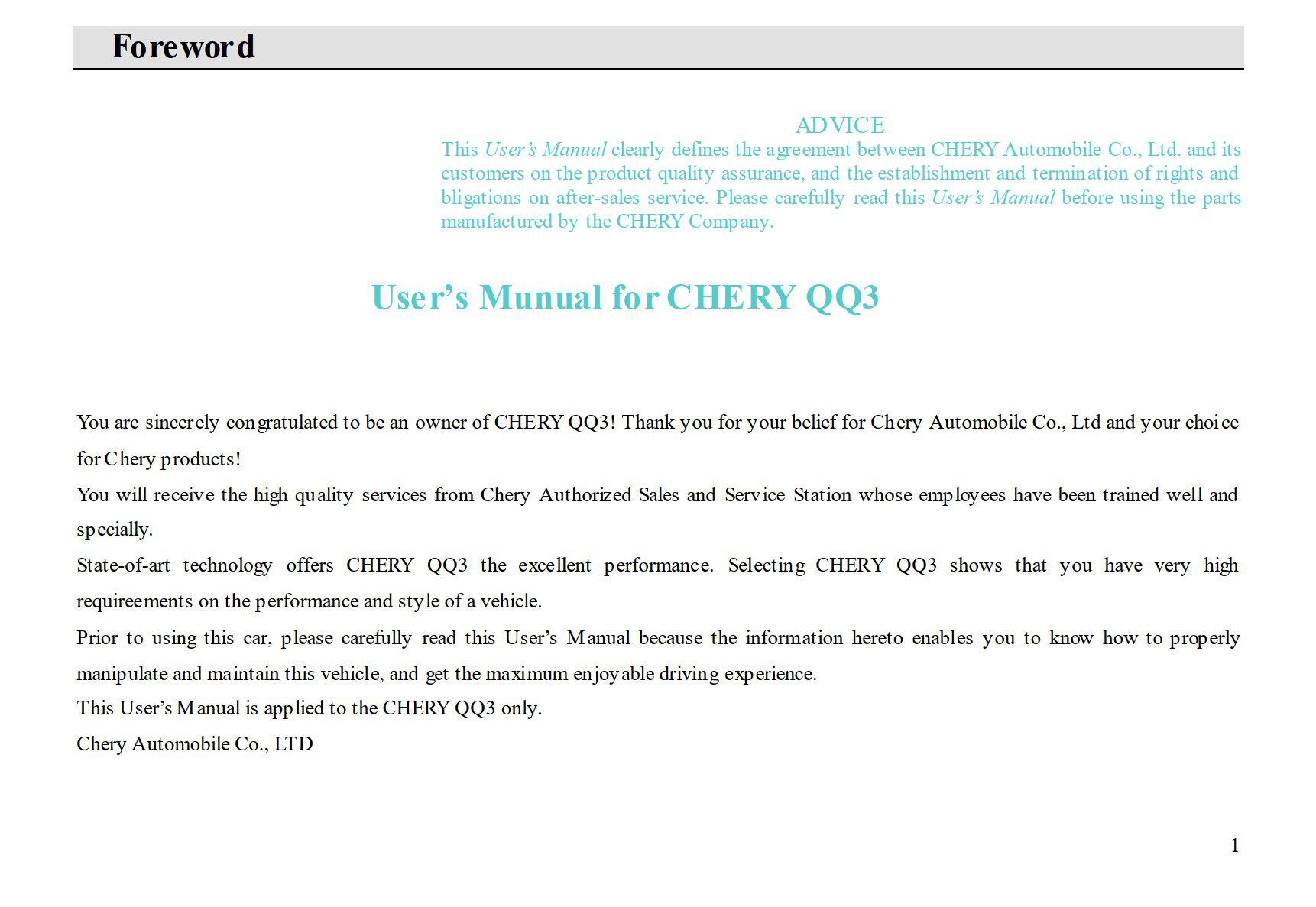 chery qq3 user manual