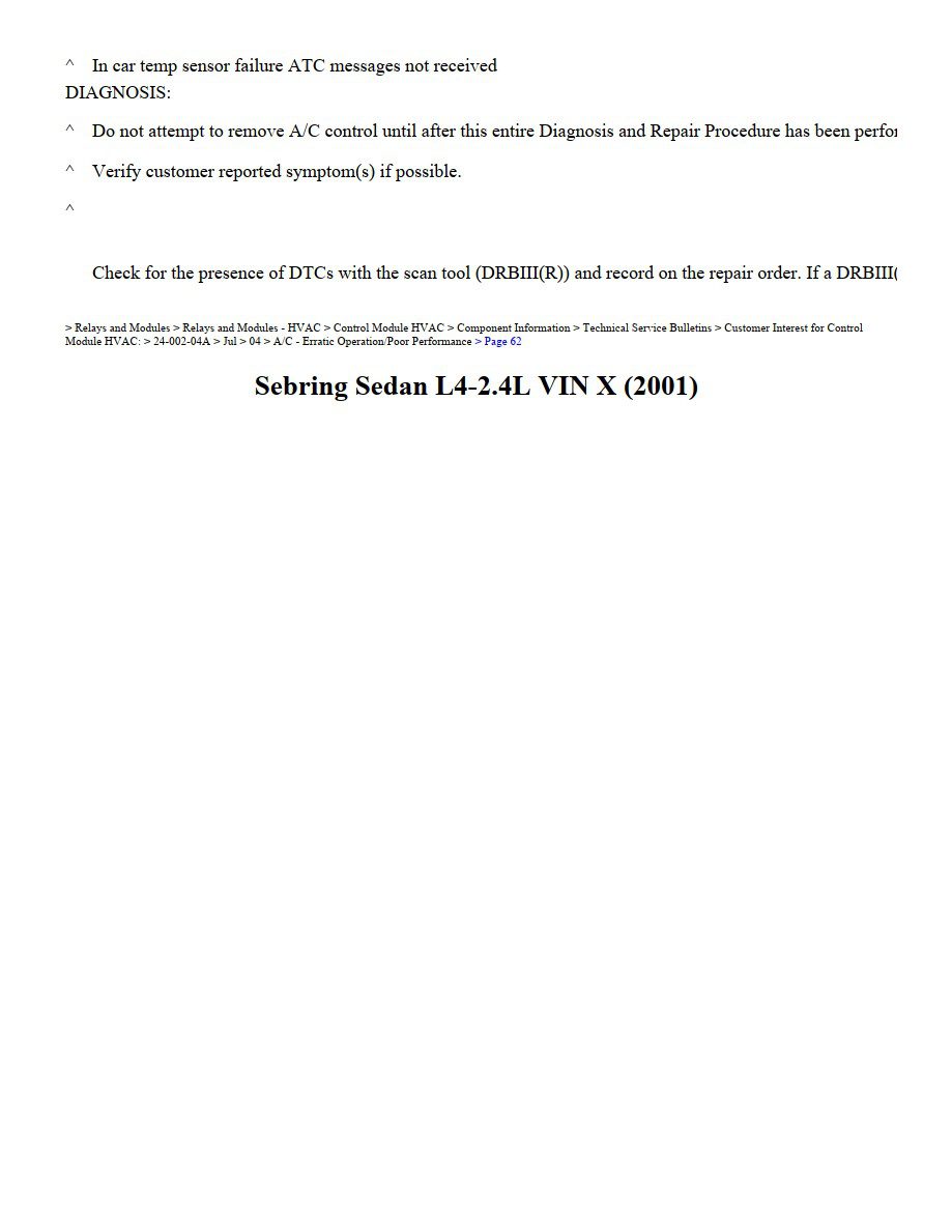chrysler sebring 2001 sedan 2.4l workshop manual