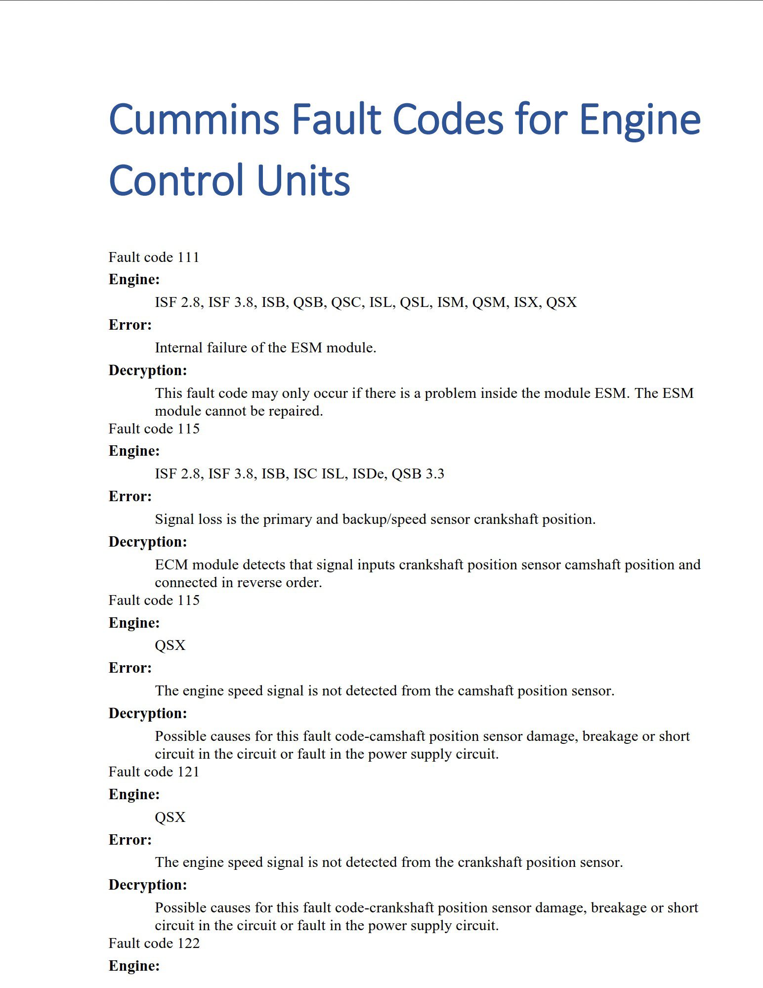 cummins engine isf 2.8, isb, isc, isle, 4isbe, 6isbe, isde, ism, qsm, isx, qsx fault codes