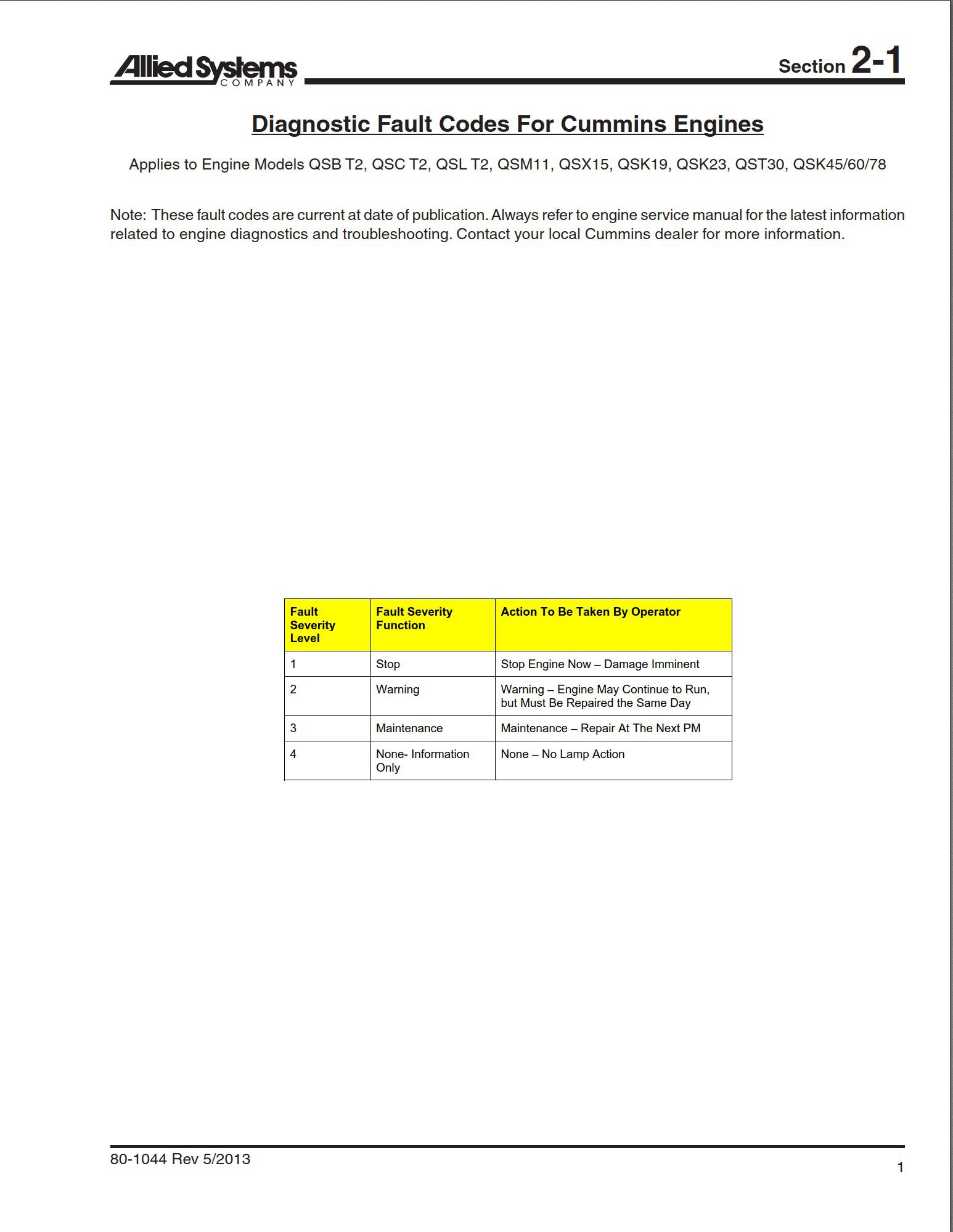 cummins engines fault codes for qsb t2, qsc t2, qsl t2, qsm11, qsx15, qsk19, qsk23, qst30