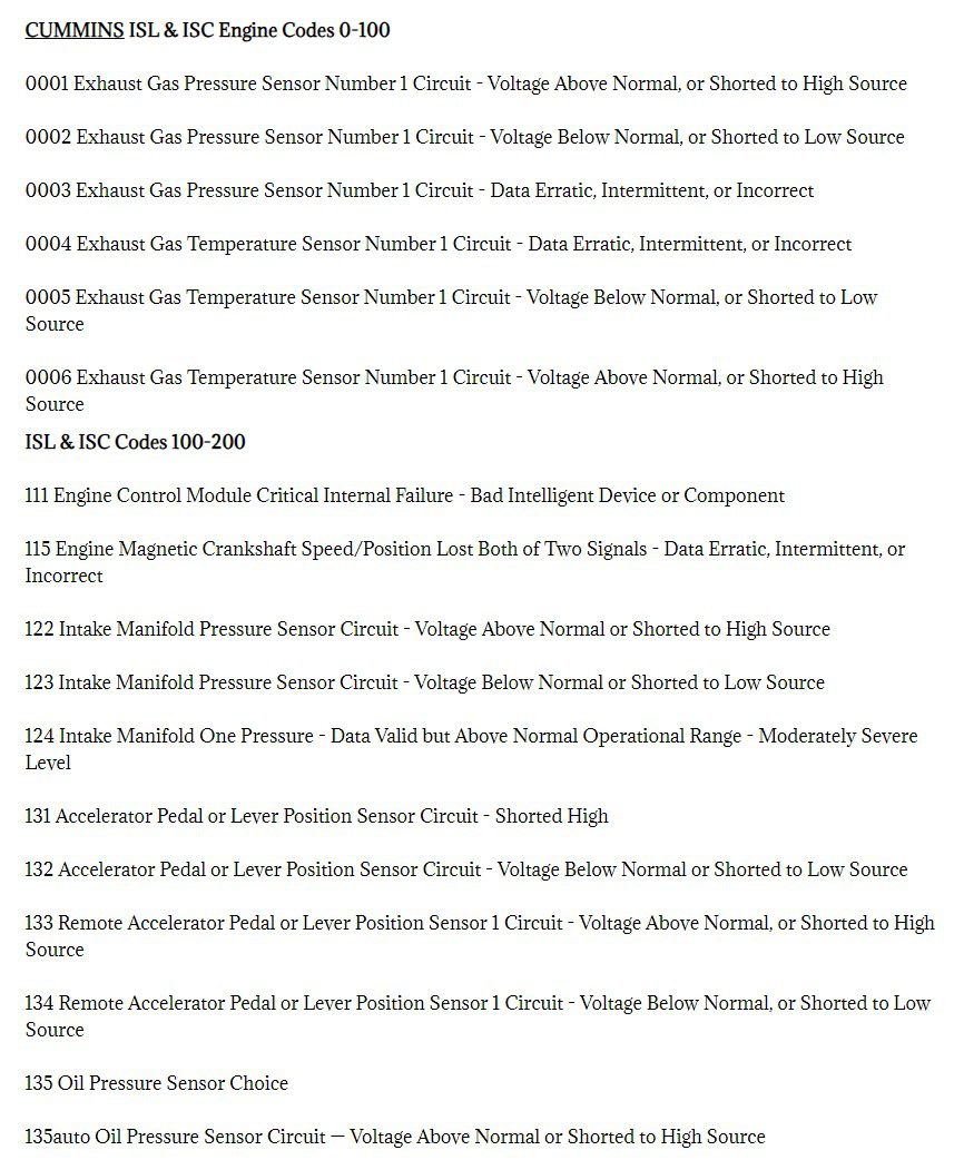 cummins isl & isc fault codes dtc