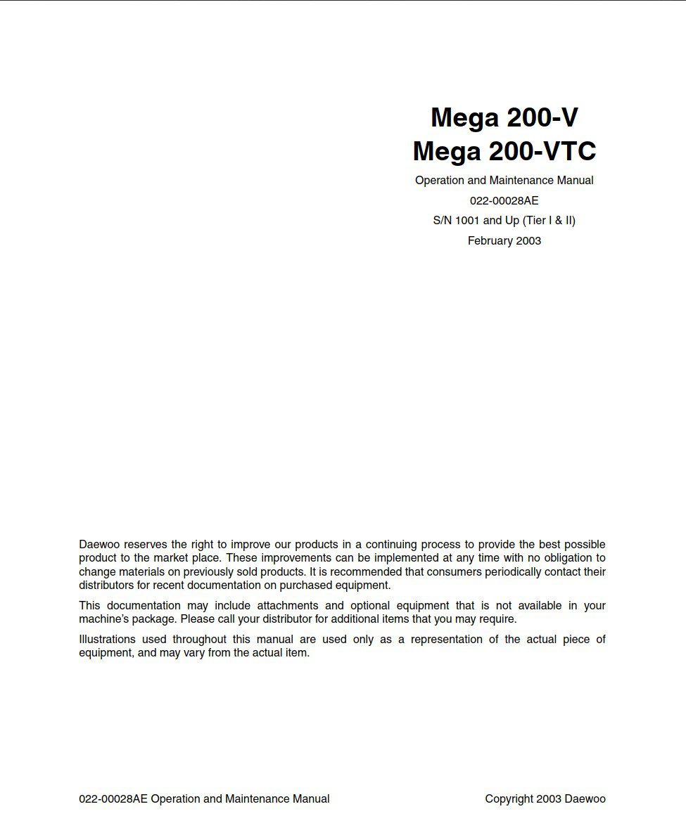 daewoo mega 200 v, mega 200 vtc operation and maintenance manual