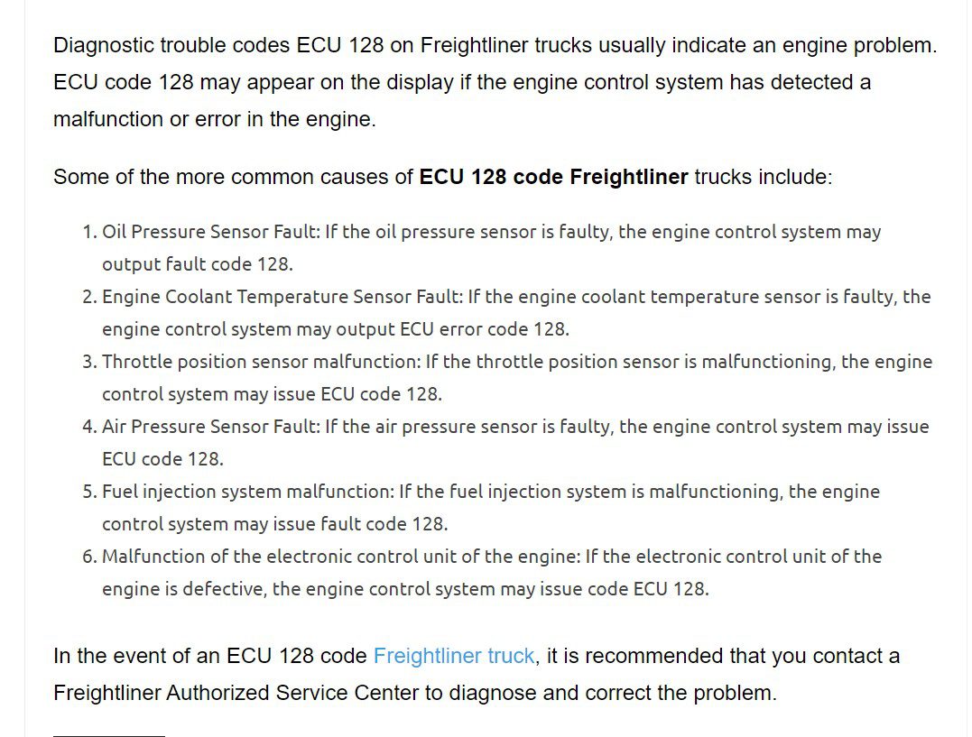 ecu 128 fault code on freightliner trucks
