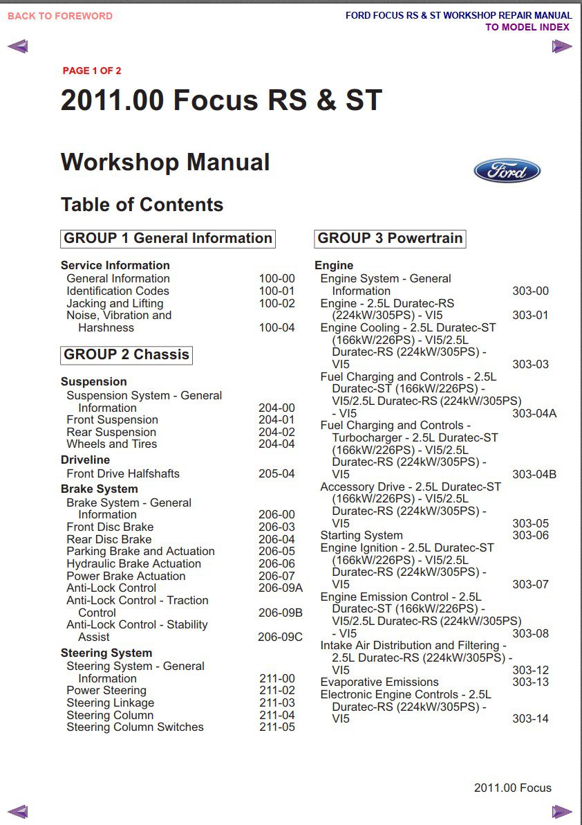 ford focus rs st xr5 2011 workshop repair manual