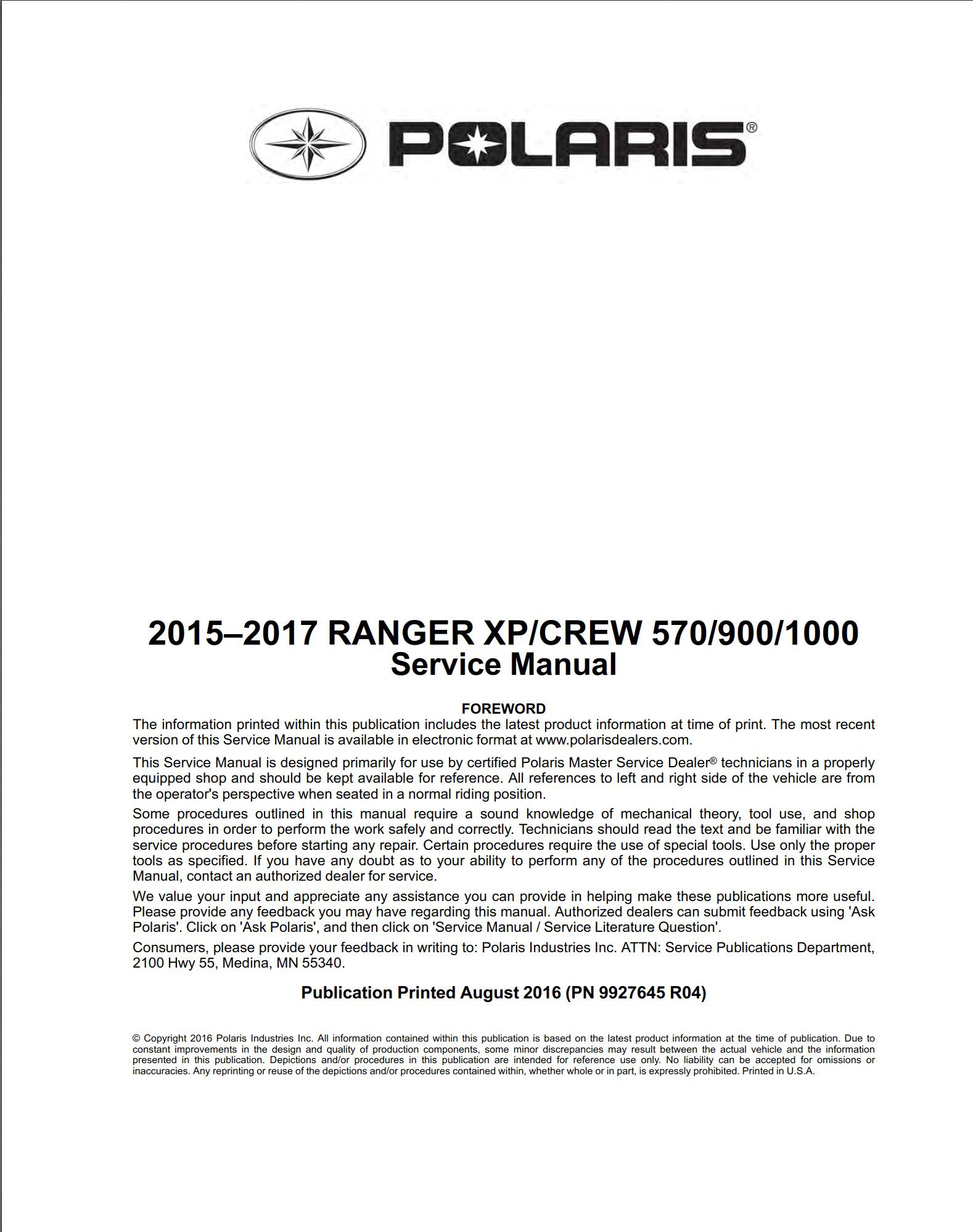 ford ranger xp crew 570 900 1000 2015 2017 service manual