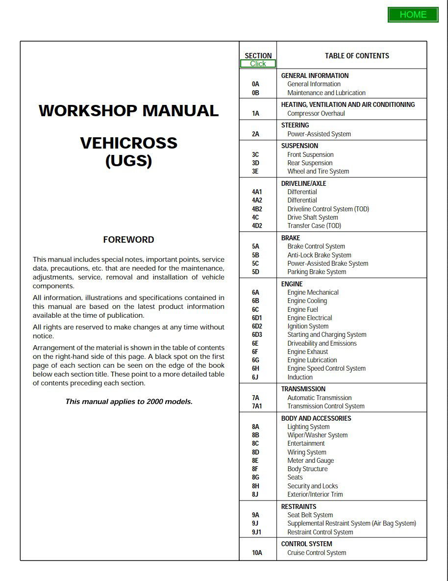 isuzu vehicross to 2000 models workshop manual