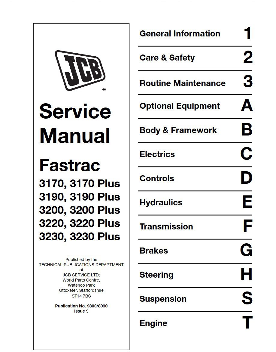 jcb fastrac 3170, 3170 plus, 3190, 3190 plus, 3200, 3200 plus, 3220, 3220 plus, 3230, 3230 plus service manual