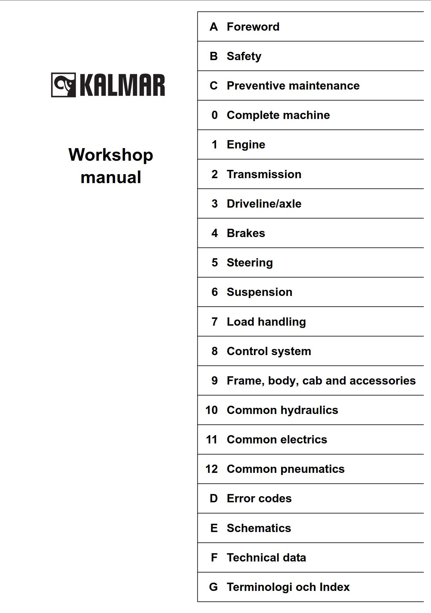 kalmar montacargas dce 90–180, dce 70 32e3–70 35e workshop manual