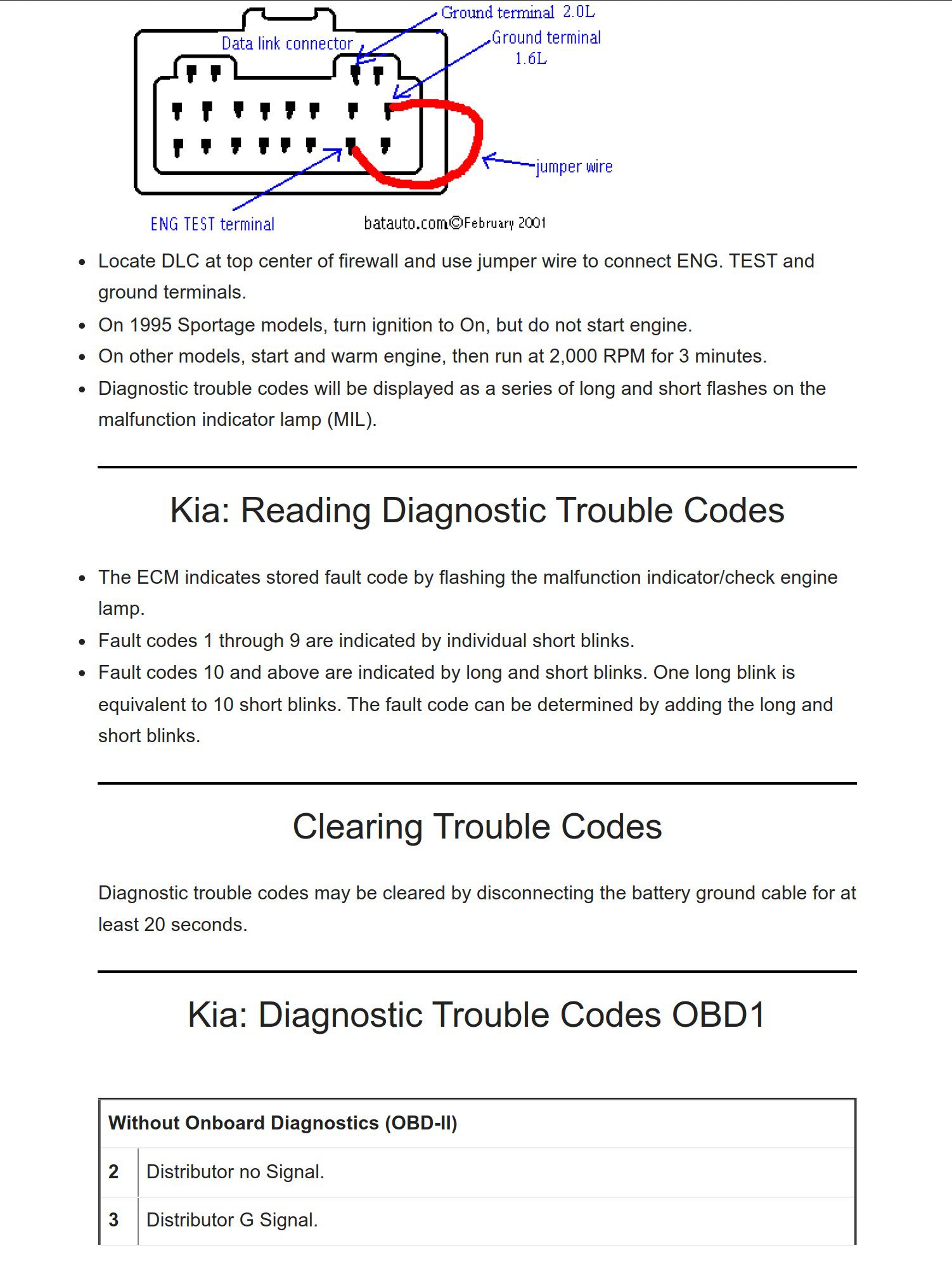 kia accessing diagnostic trouble codes (models up to 95)