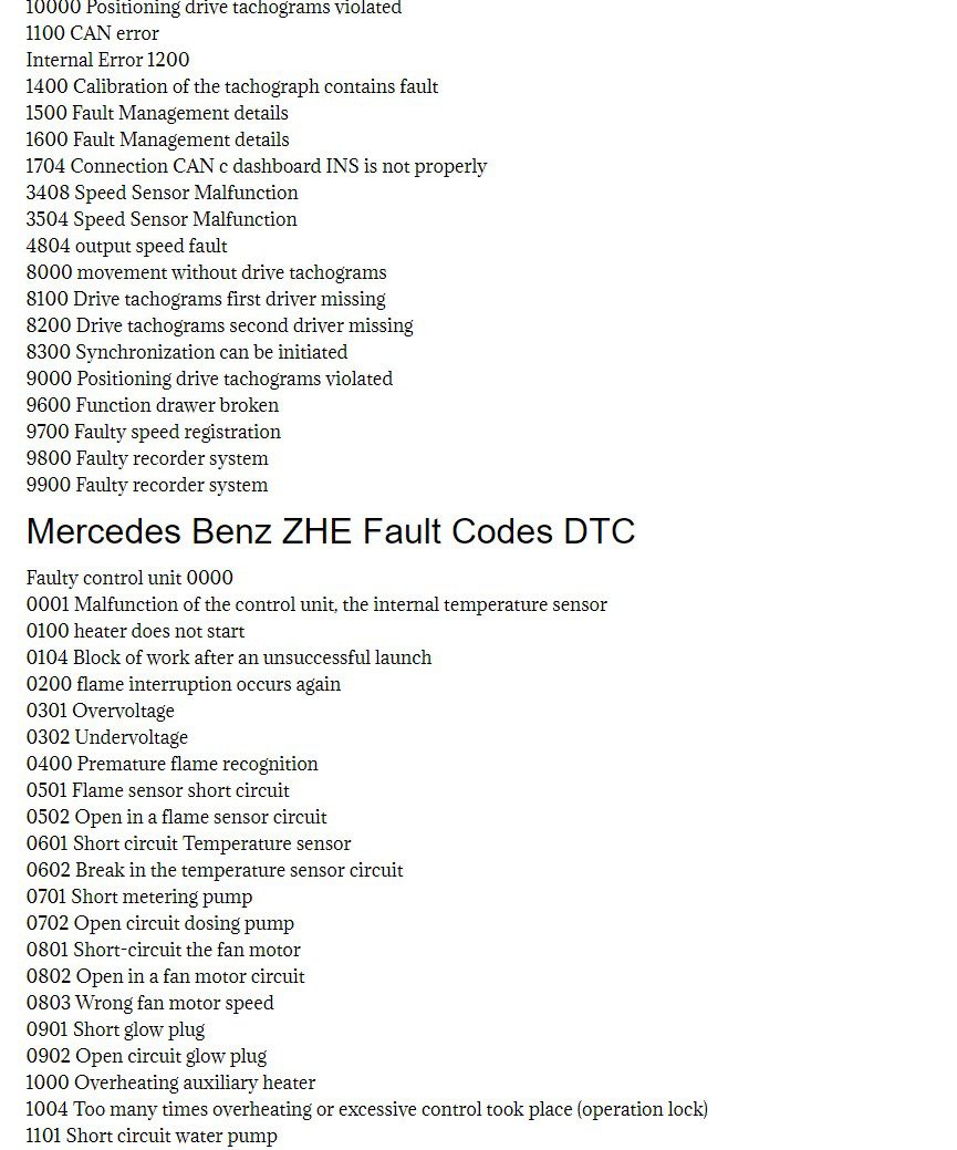 mercedes benz actros, atego, axor tco fault codes dtc