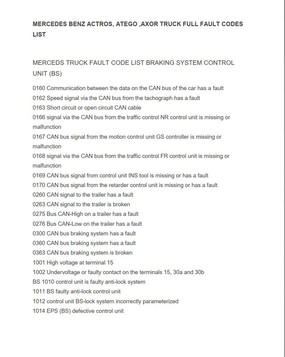 mercedes benz actros fault codes list