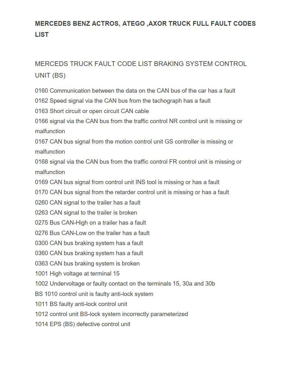 mercedes benz atego fault codes list