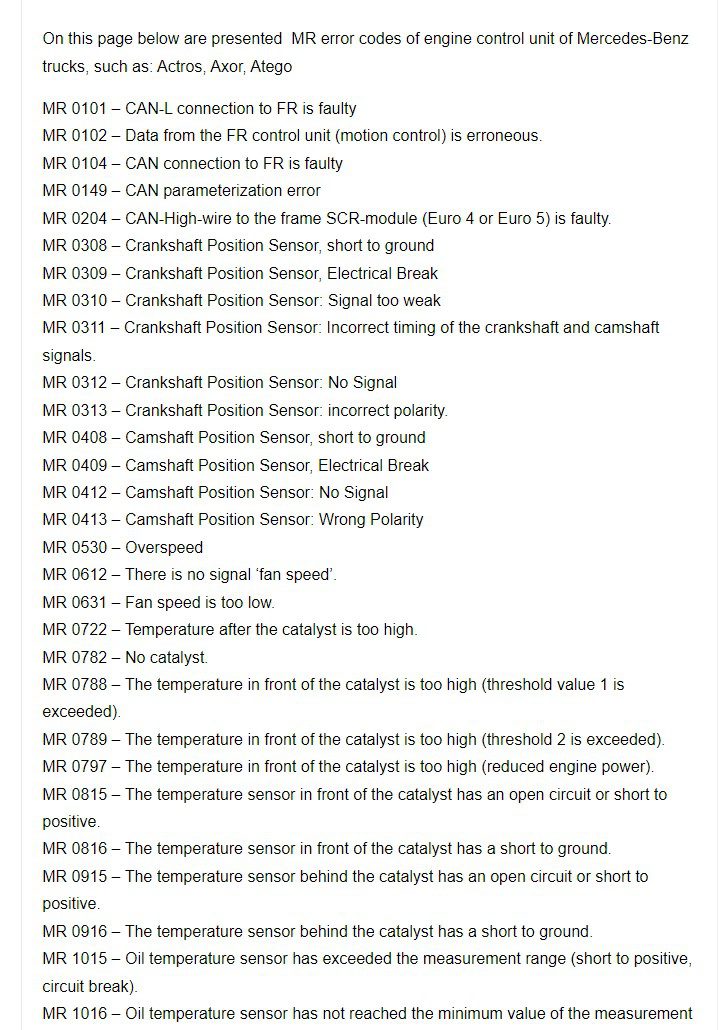 mercedes trucks mr fault codes list