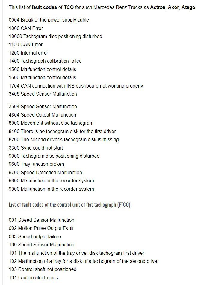 mercedes trucks tco (ftco) fault codes