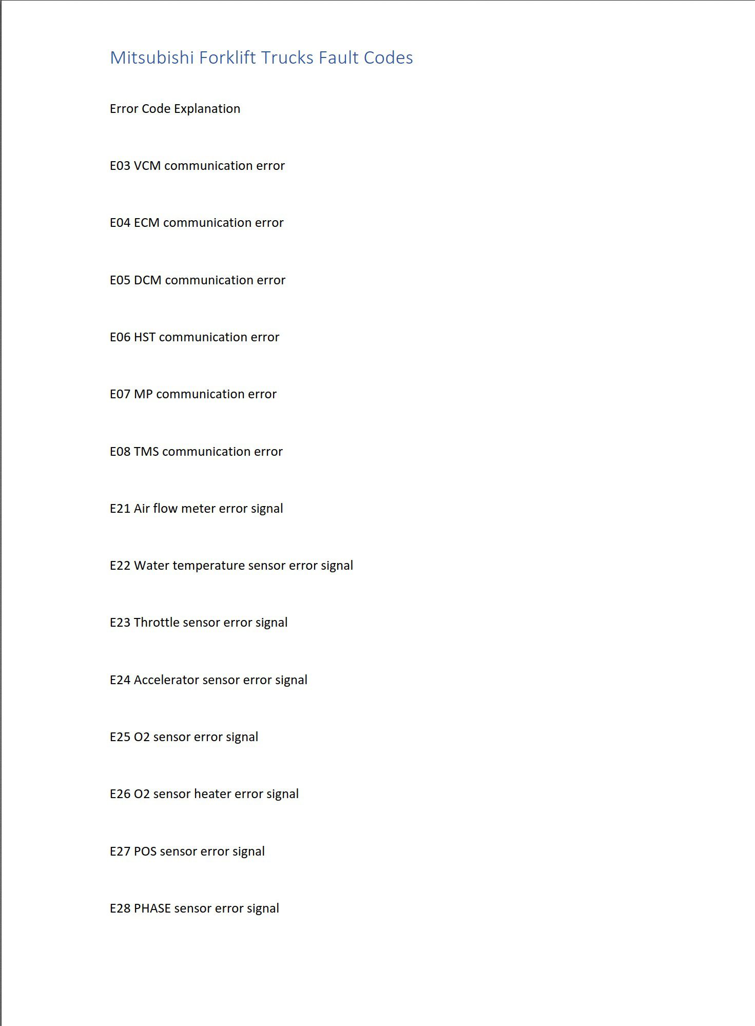 mitsubishi forklift trucks fault codes