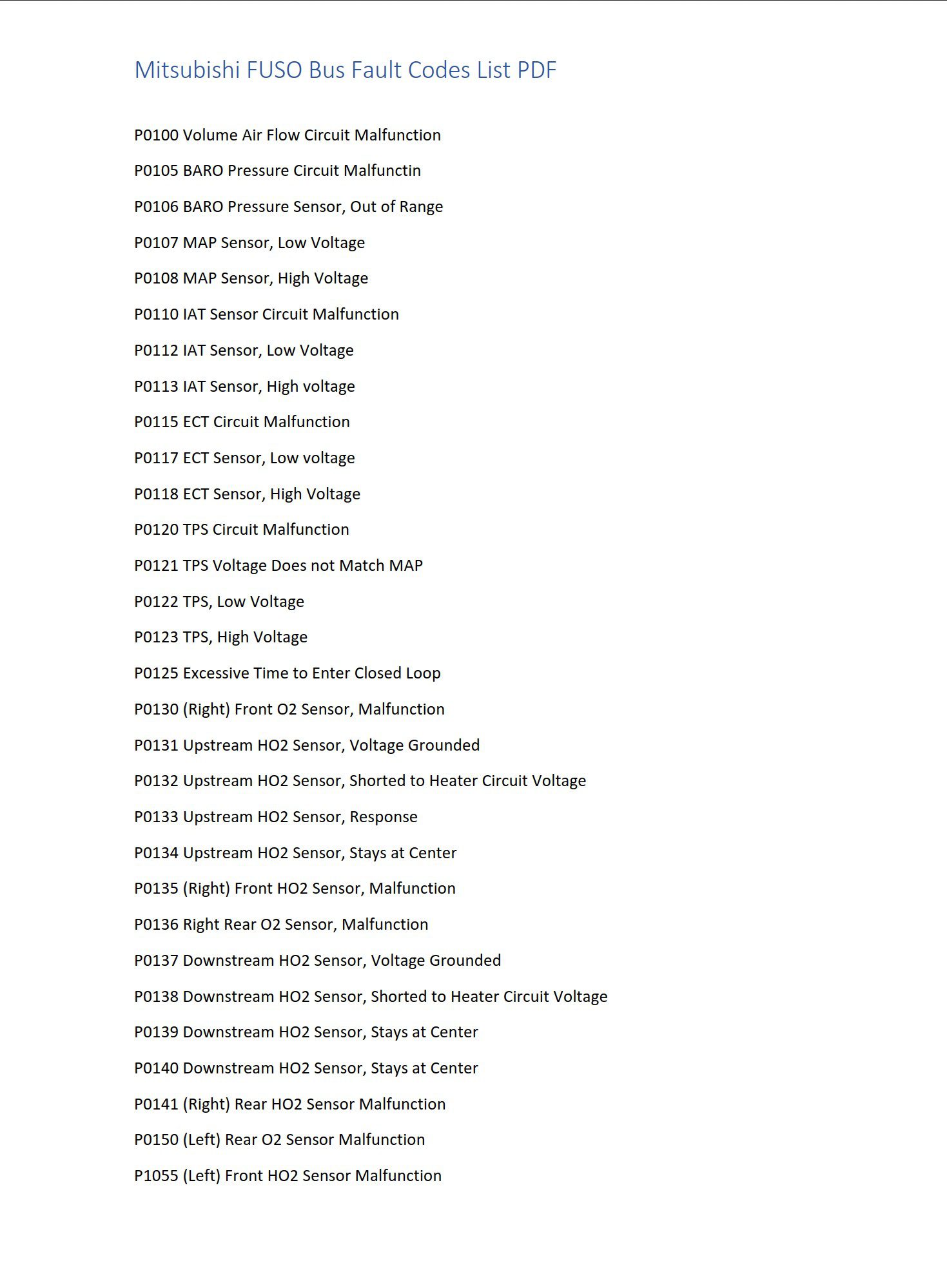 mitsubishi fuso bus fault codes list